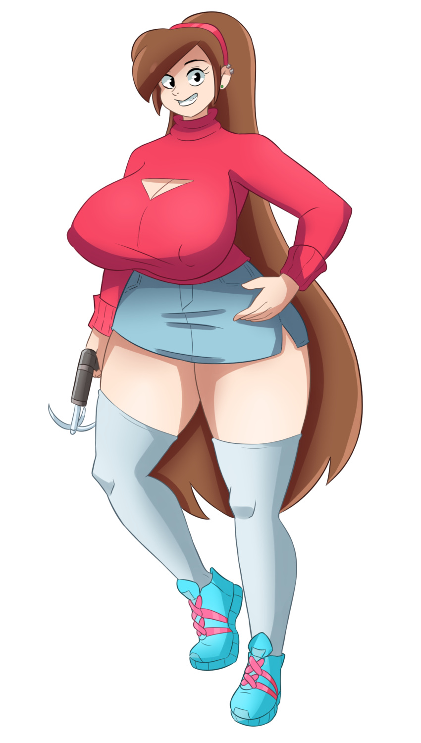 big_breasts breasts cleavage cleavage_cutout female grappling_hook gravity_falls hand_on_hip looking_at_viewer mabel_pines rexcrash64 rexcrash64_(artist) smile solo sweater weapon