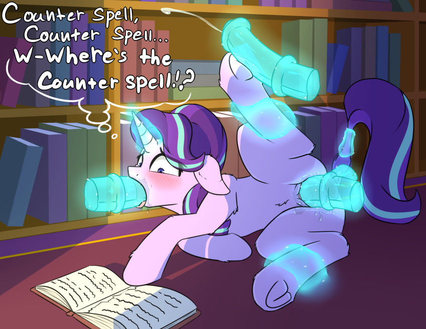 1girl anal anal_penetration blush book bookshelf cum cumshot cutie_mark english_text fellatio female female_only female_unicorn friendship_is_magic horn horsecock magic_penis multiple_penises my_little_pony nude oral penis_in_mouth pony questionable_consent sex starlight_glimmer tail triple_penetration unicorn vaginal vaginal_penetration