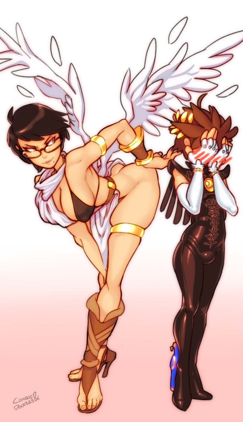 bayonetta bayonetta_(character) bent_over blush breasts crossdressing crossover elbow_gloves glasses kid_icarus looking_back pit_(kid_icarus)
