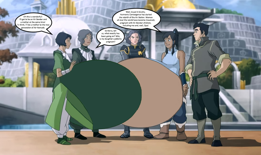 1boy 4girls armor belly_expansion blue_eyes bolin brown_hair demonster77 embarrassed gray_hair green_eyes headband hyper_belly korra lin_bei_fong milf mother_&amp;_daughter opal_bei_fong photoshop pregnant pregnant_belly pregnant_female robe scar sisters suyin_bei_fong take_your_pick