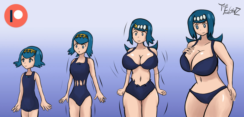 1girl 2018 age_progression ass belly big_ass big_breasts bikini blue_background blue_eyes blue_hair breast_expansion breast_growth breasts clothed daughter deviantart eyelashes female female_human female_only freckles game_freak huge_breasts human lana lana's_mother_(pokemon) lana_(pokemon) large_ass looking_at_breasts looking_away looking_down milf mother_&amp;_daughter motion_lines nintendo patreon pokemon pokemon_sm sfw small_breasts smile standing suiren's_mother suiren_(pokemon) surprised swimsuit text thatfreakgivz thick_thighs transformation transforming_clothes twitter watermark wide_hips