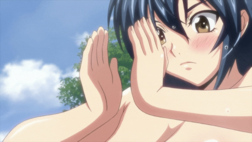 1girl anime areola bangs big_breasts blue_hair blush bouncing_breasts breasts cleavage ecchi female female_only gif hair_between_eyes hands_together hentai huge_breasts large_breasts manyuu_chifusa manyuu_hikenchou nipples nude open_mouth outside smile solo wet yellow_eyes