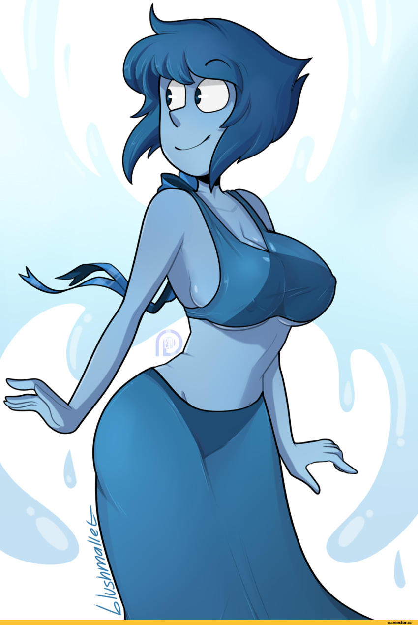 1girl alternate_breast_size bare_shoulders big_breasts blue_dress blue_eyes blue_hair blue_skin blushmallet breasts dress female female_only lapis_lazuli large_breasts looking_away midriff nipple_bulge short_hair simple_background skindentation smile solo steven_universe water wide_hips wings