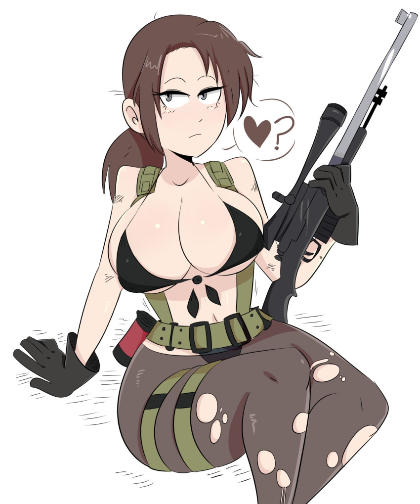 1girl big_breasts bikini_bottom bikini_top black_bikini black_gloves breasts brown_hair cleavage gloves grey_eyes holding_weapon jinu large_breasts looking_at_viewer metal_gear_solid_v navel pantyhose ponytail quiet_(metal_gear) revealing_clothes ripped_clothes simple_background sitting sniper_rifle thighs
