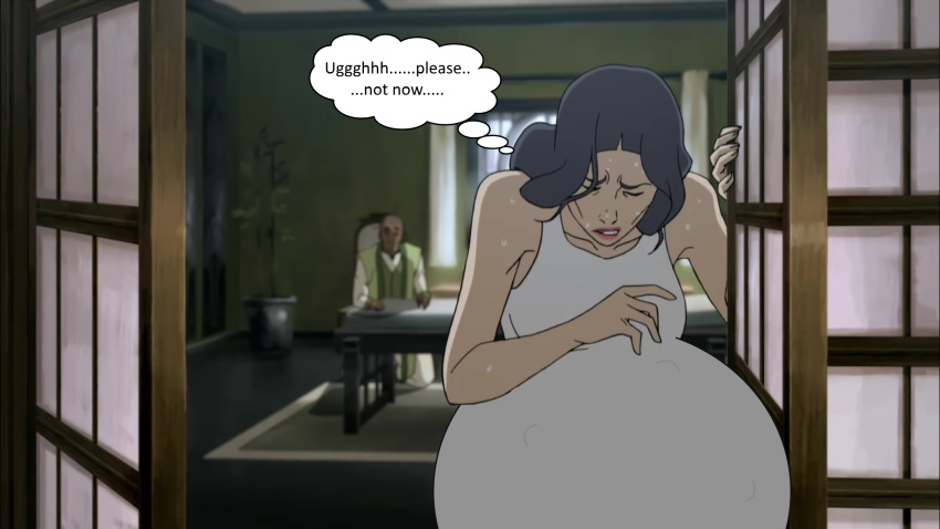 1boy 1girl avatar:_the_last_airbender bald belly_expansion closed_eyes demonster77 grey_hair lin_bei_fong milf pain photoshop pregnant pregnant_belly pregnant_female sweat t-shirt the_legend_of_korra