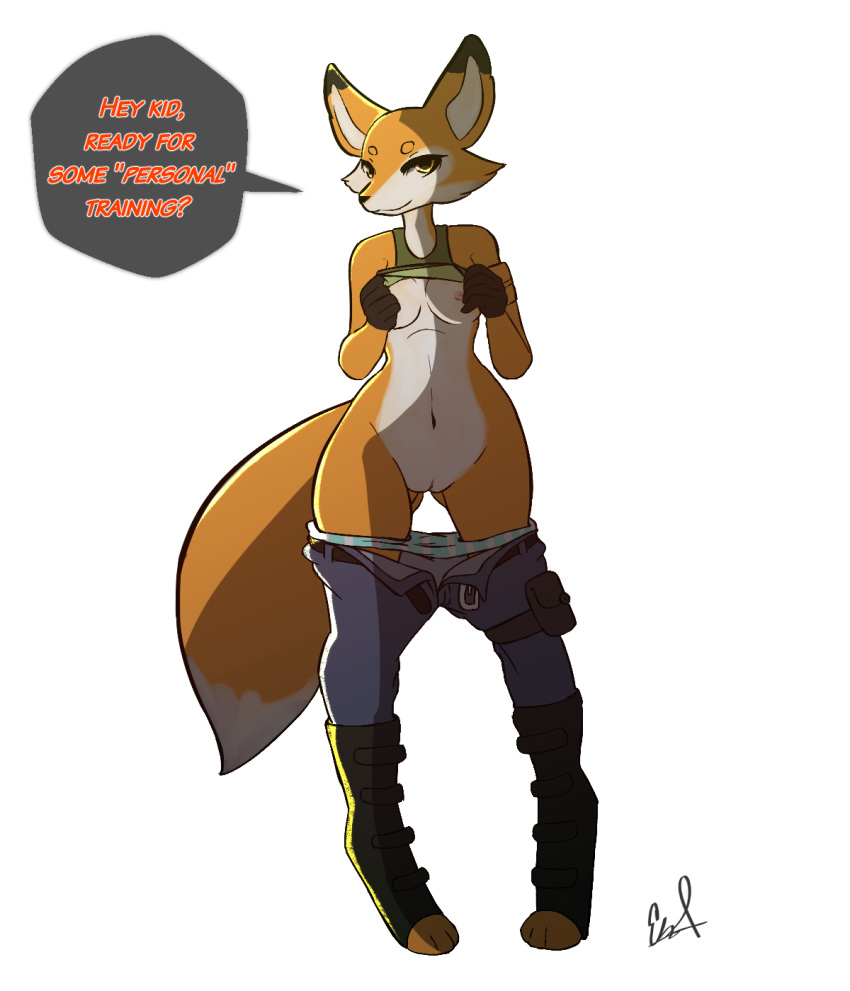 1girl anthro blaketheflareon breasts canid canine clothed clothing dialogue digital_media_(artwork) fox furry looking_at_viewer mammal pants partially_clothed pussy spark_a_space_tail_(film) suggestive underwear vix_(spark)