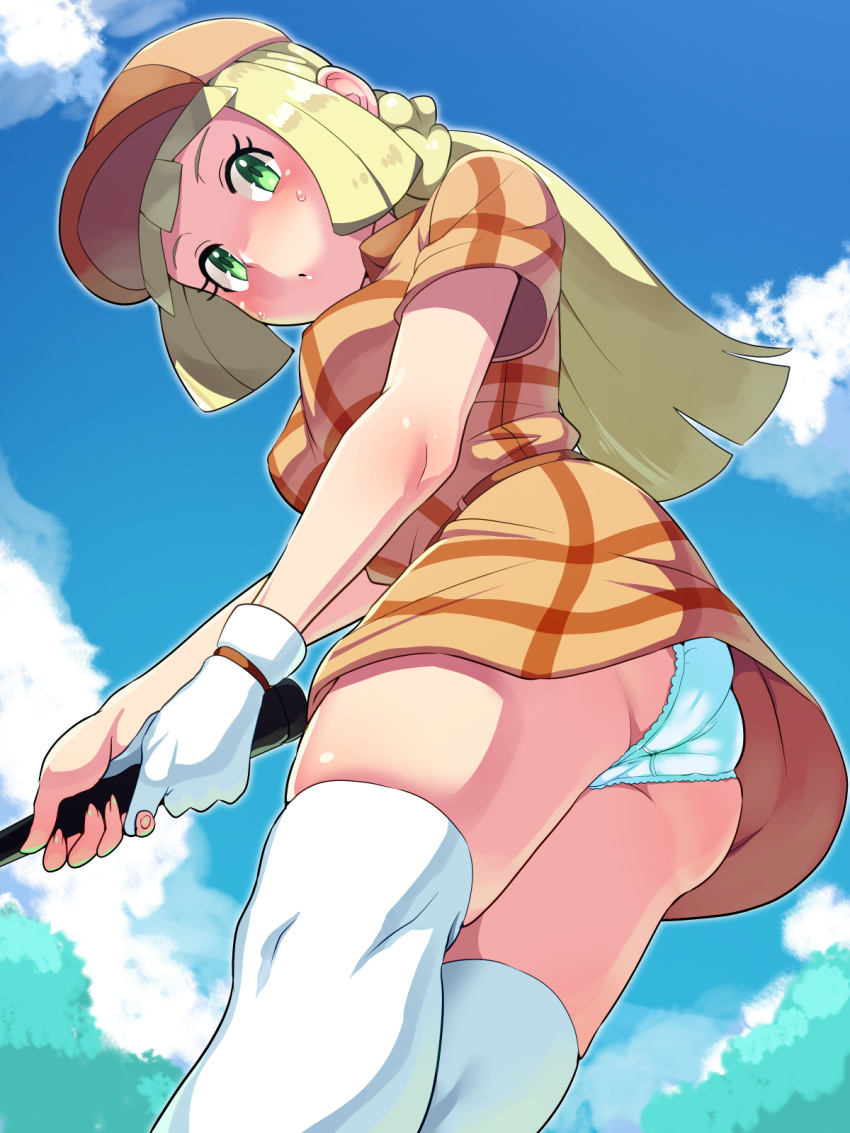 1girl 1girl 1girl alternate_outfit ass blonde_hair blue_panties blush boris_(noborhys) breasts clothed day female_only glove golf green_eyes hat holding human lillie_(pokemon) long_hair looking_at_viewer looking_down nintendo outside panties pokemon pokemon_sm skirt sky stockings sweat thick_thighs upskirt white_panties white_underwear wide_hips