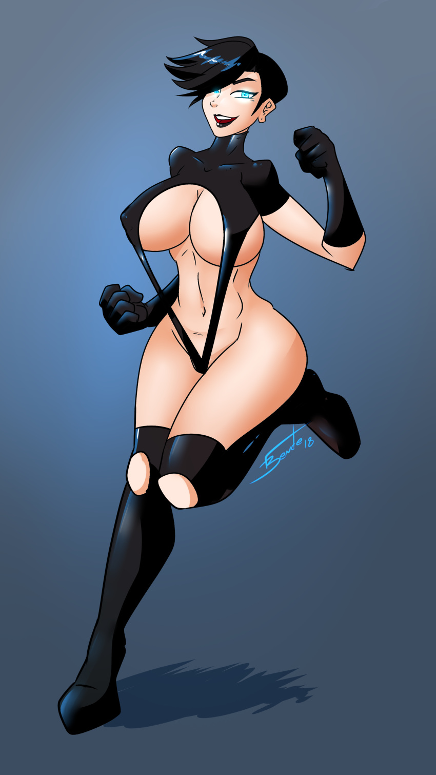 1girl black_gloves black_hair black_legwear black_lipstick blue_eyes breasts cleavage full_body gloves glowing_eyes huge_breasts leg_up lipstick majestic navel nipple_bulge open_mouth revealing_clothes short_hair smile society_of_virtue thighs under_boob wide_hips