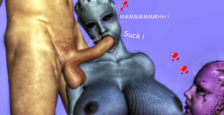 1boy 2_girls 3d alien alien_girl areola asari balls belly belly_button big_breasts blue_background blue_nipples blue_skin cleavage closed_eyes english_text erect erect_nipples erect_penis erection eyebrows eyelashes eyeliner eyes eyeshadow freckles games hearts huge_breasts human legs legs_apart liara_t'soni lips lipstick makeup male male_pubic_hair markings mass_effect mass_effect_2 mass_effect_3 mouth navel nude nude_female nude_male open_mouth original_character pale_skin penis pubic_hair purple_lipstick purple_skin render sex sucking sucking_penis video_games xnalara xps