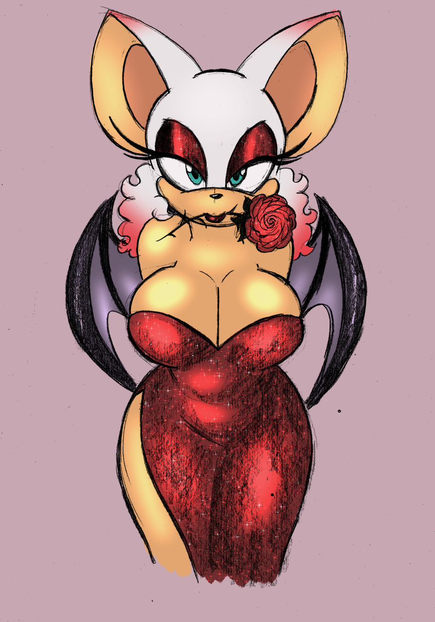 animal_ears anthro arms_behind_back bare_shoulders bat_wings blue_eyes breasts cleavage dress flower furry large_breasts lipstick makeup mascara mouth_hold red_dress rouge_the_bat sega side_slit simple_background wings