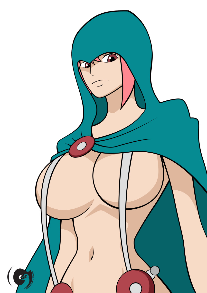 1girl arched_back assassin's_creed breasts breasts_outside brown_eyes covered_nipples gosha420 gosha420_(artist) hood huge_breasts looking_at_viewer navel one_piece pink_hair rebecca_(one_piece) revealing_clothes strap