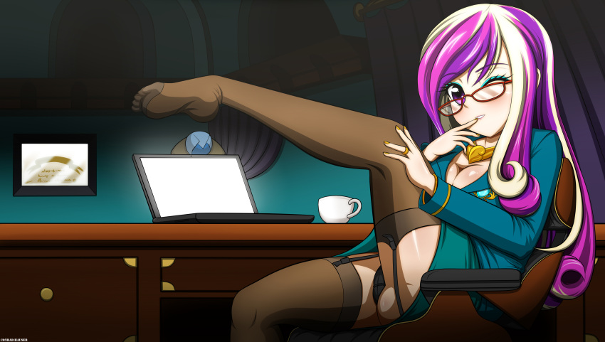 1_girl 1girl bespectacled chair clothed dean_cadance dean_cadance_(mlp) desk equestria_girls eyeshadow female female_only friendship_is_magic garter_straps glasses humanized indoors long_hair my_little_pony one_eye_closed painted_nails panties princess_cadance raised_leg ring sitting skirt skirt_suit solo stockings three-tone_hair upskirt wedding_ring