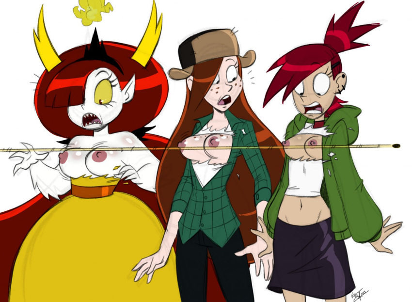 1girl aeolus assisted_exposure barbell_piercing breasts bullet cartoon_network crossover demon demon_girl disney erect_nipples female_only foster's_home_for_imaginary_friends frankie_foster freckles gravity_falls hekapoo human humanoid long_hair nipple_bar nipple_piercing nipples orange_hair redhead star_vs_the_forces_of_evil surprised tagme teen torn_clothes wendy_corduroy