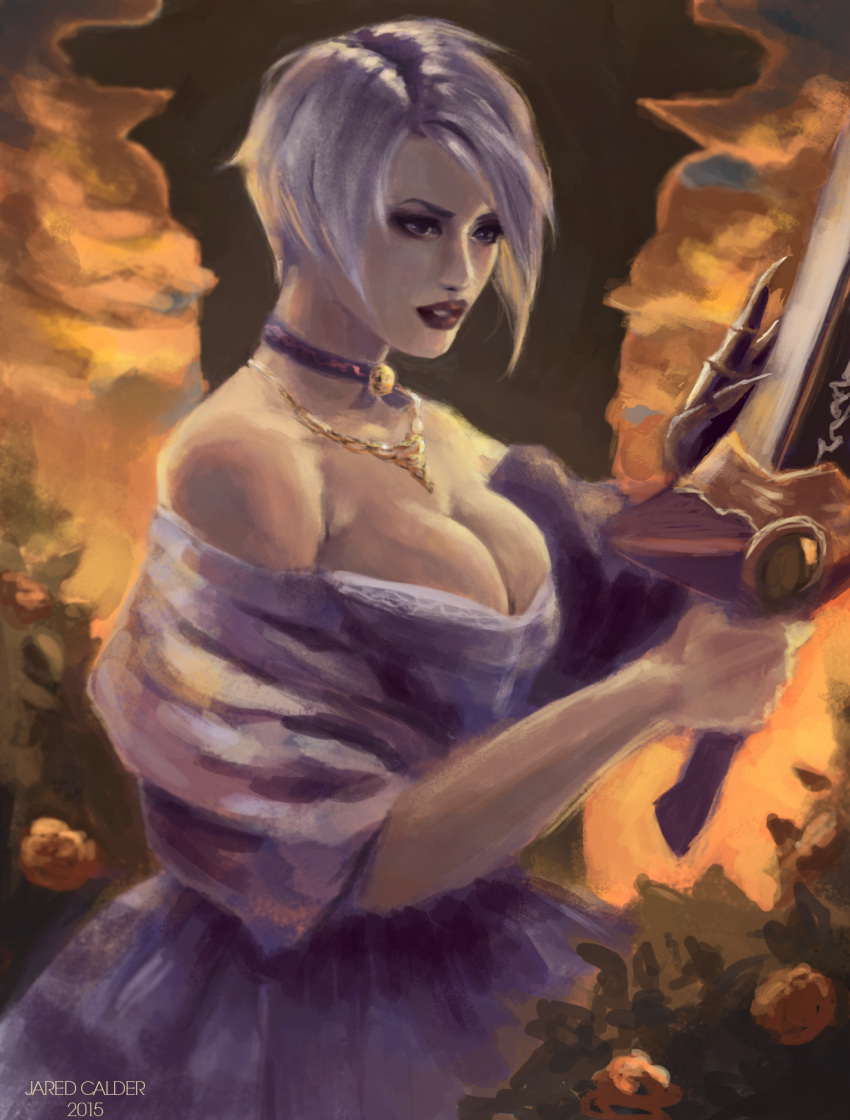 1girl alternate_costume bare_shoulders big_breasts breasts choker cleavage dress gauntlets holding holding_weapon isabella_valentine jewelry lipstick necklace purple_lipstick short_hair silver_hair soul_calibur sword weapon