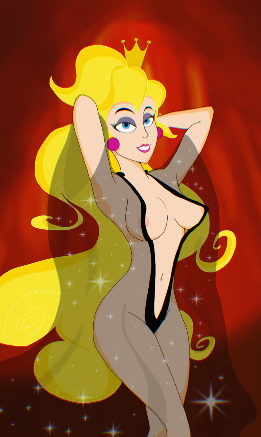 1girl blonde_hair blue_eyes breasts crown dragon's_lair eyeshadow female female_human female_only hands_behind_head long_hair looking_at_viewer mostly_nude princess_daphne see-through see-through_clothes solo standing transparent_clothing