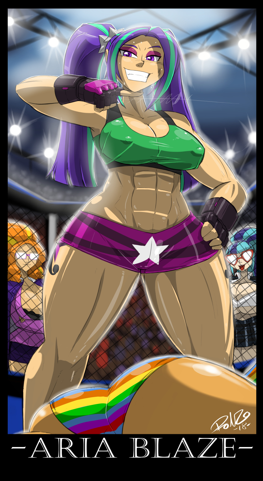 1girl abs adagio_dazzle alternate_skin_color aria_blaze being_watched bottom_heavy boxing_gloves cage_match defeated equestria_girls erect_nipples_under_clothes evil_grin female_focus fighter fighting_ring fingerless_gloves fit fit_female friendship_is_magic gesture green_shirt high_res knocked_down miniskirt multicolored_hair muscular muscular_female my_little_pony nipple_bulge public purple_eyes purple_hair purple_skirt rainbow_dash_(mlp) rainbow_panties rainbow_rocks ronzo shonuff shonuff44 shorts signature six_pack smile smug sonata_dusk tank_top tattoo thick_thighs thigh_tattoo toned toned_female twin_tails two_tone_hair watching wide_hips