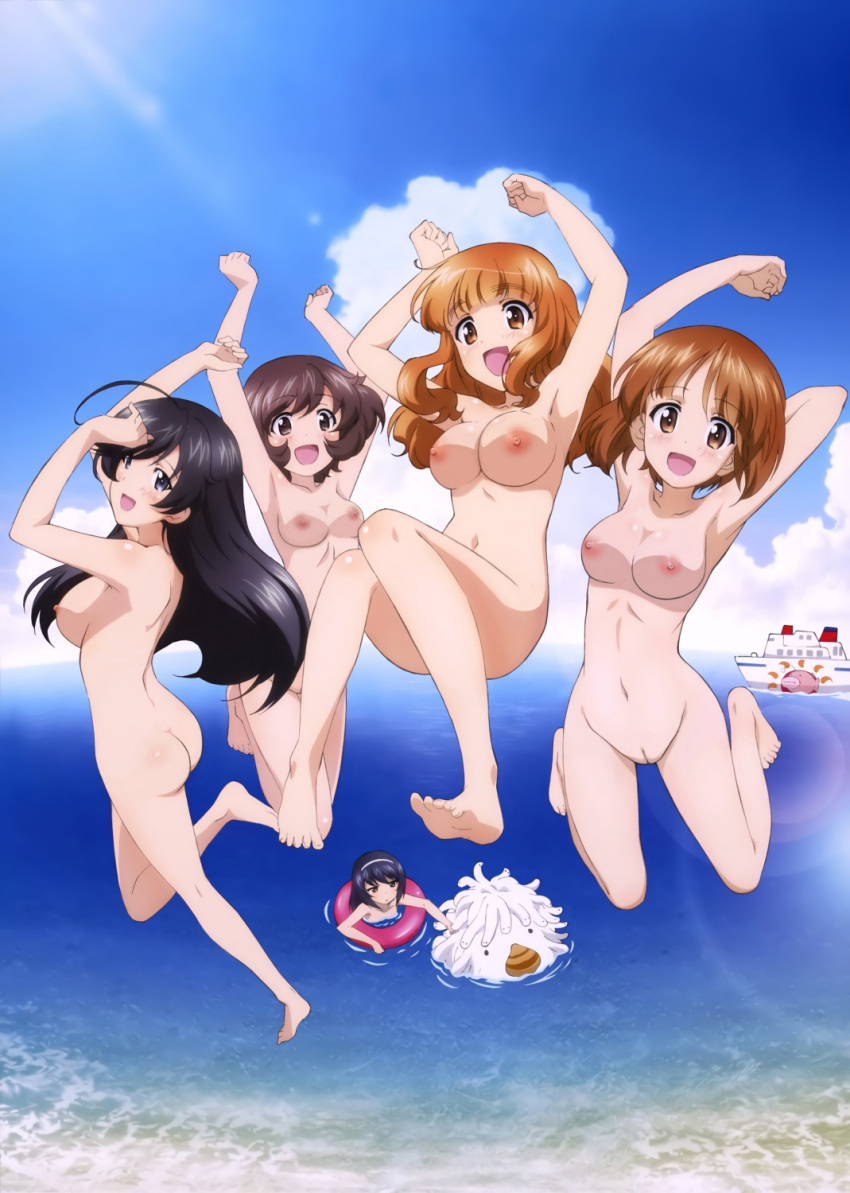 1girl 2010s 5girls :d akiyama_yukari araippe armpits arms_up barefoot big_breasts black_hair blush breasts brown_hair cloud completely_nude day feet female_focus full_body girls_und_panzer hair_ornament hairband high_resolution innertube isuzu_hana jumping long_hair looking_at_another looking_at_viewer looking_up mascot medium_breasts midair multiple_girls navel nipples nishizumi_miho nude nude_filter ocean open_mouth orange_hair outside pussy reizei_mako ship short_hair sky smile soles takebe_saori third-party_edit toes uncensored water watercraft