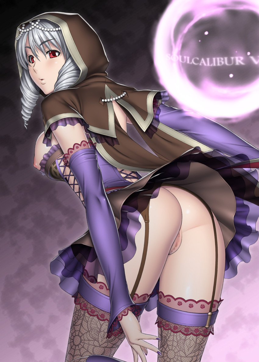 1girl absurd_res alluring ass big_breasts breasts capelet censored copyright_name corset detached_sleeves drill_hair from_behind garter_belt garter_straps high_res hood jewelry kansuke lace lace-trimmed_legwear lace_trim lips looking_back nail_polish nipples no_panties orb parted_lips print_legwear project_soul pussy red_eyes silk silver_hair skirt soul_calibur soul_calibur_v spider_web spider_web_print stockings twin_drills viola_(soul_calibur) viola_(soulcalibur)
