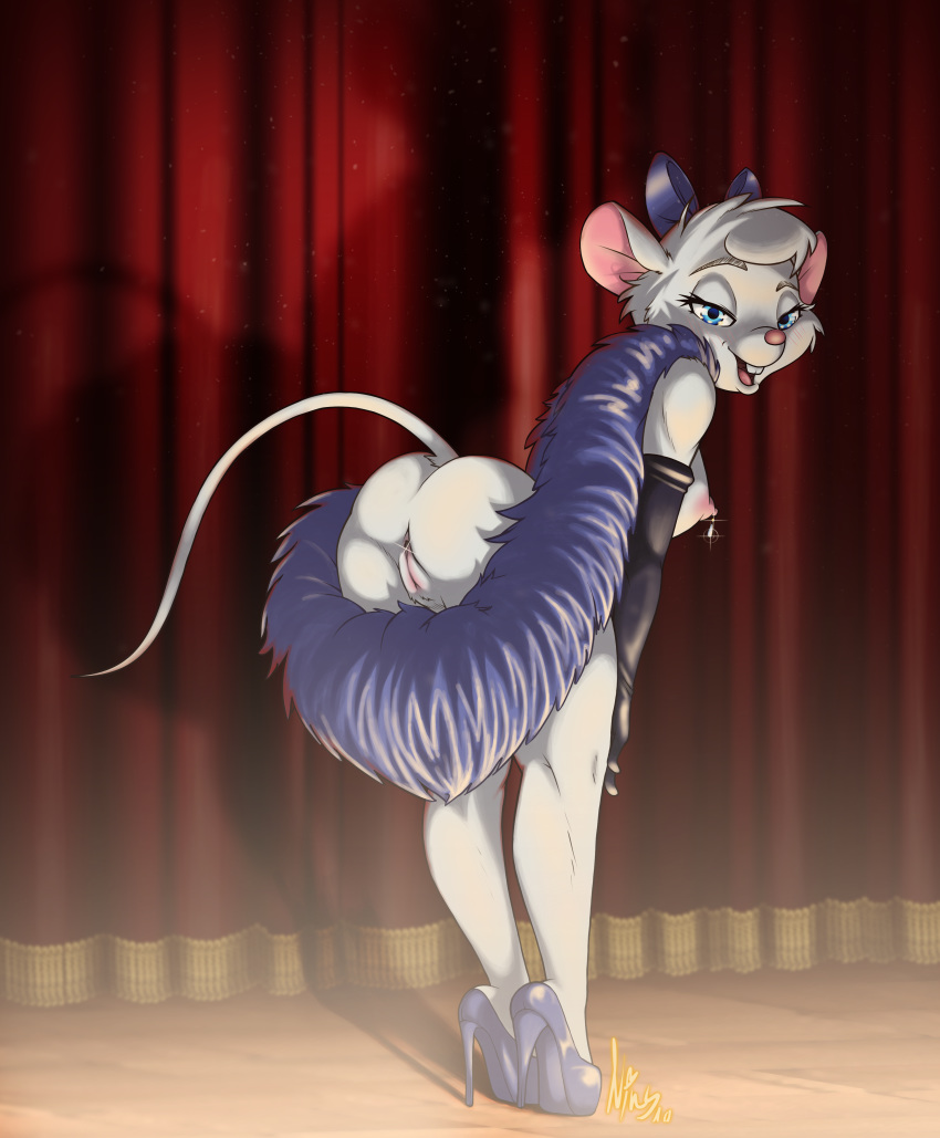 1girl anthro anthro_mouse ass blue_eyes blue_high_heels dancer_outfit female female_anthro female_anthro_mouse female_only furry gloves high_heels looking_at_viewer mammal miss_kitty_mouse mostly_nude mouse mouse_ears mouse_tail ninssfm nipple_piercing no_bra no_panties pussy rodent sideboob solo standing tail the_great_mouse_detective white_fur