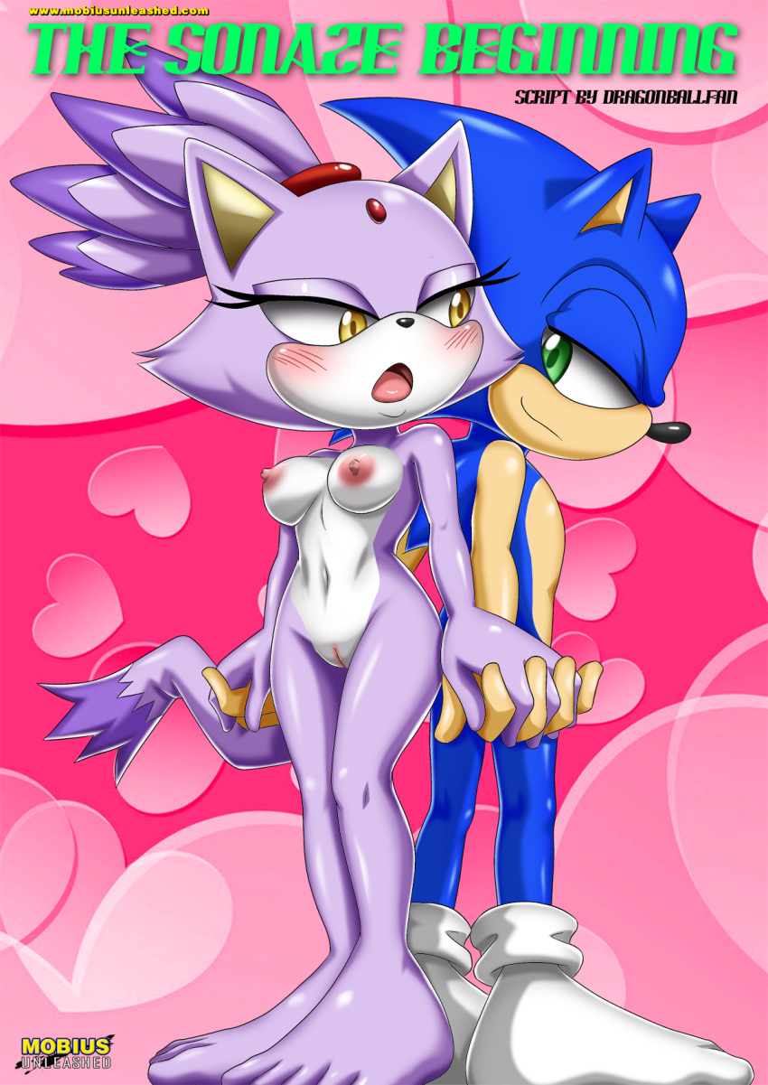bbmbbf blaze_the_cat blush breast comic cover_page feet full_body holding_hands interlocked_fingers mobius_unleashed palcomix sega sonic_(series) sonic_the_hedgehog sonic_the_hedgehog_(series) the_sonaze_beginning