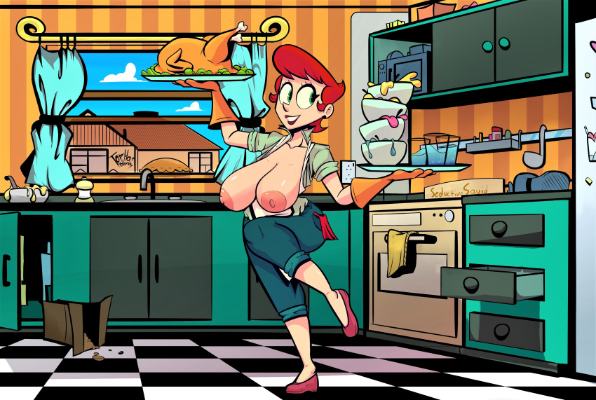 dexter's_laboratory dexter's_mom gloves huge_breasts kitchen large_areolae nipples no_bra pants seductivesquid tophatmahoney topless
