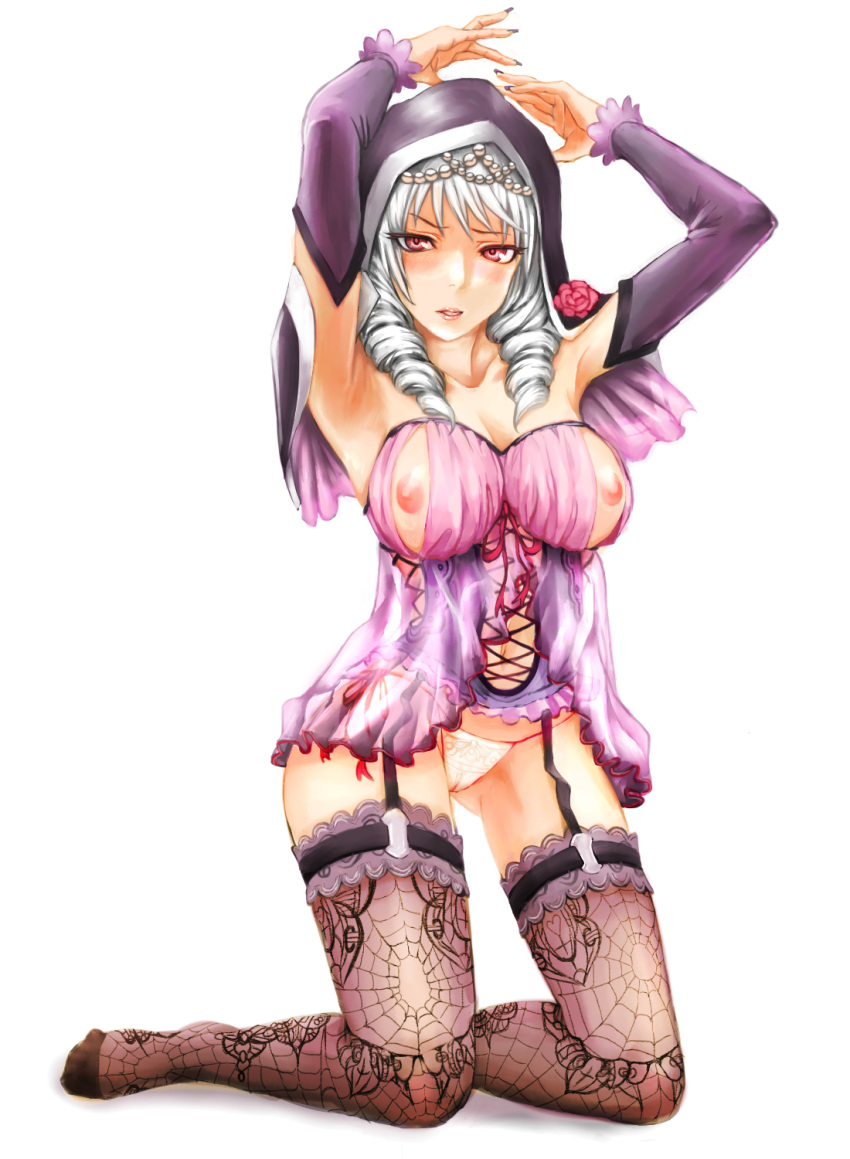 1girl alluring breasts capelet cleavage corset detached_sleeves drill_hair feet female_focus frills garter_straps garters gothic high_res hood lingerie md5_mismatch nightgown nippleless_clothes nipples no_shoes panties pocari66 project_soul red_eyes see-through silk silver_hair simple_background soul_calibur soul_calibur_v spider_web stockings twin_drills underwear viola_(soul_calibur) viola_(soulcalibur) white_hair