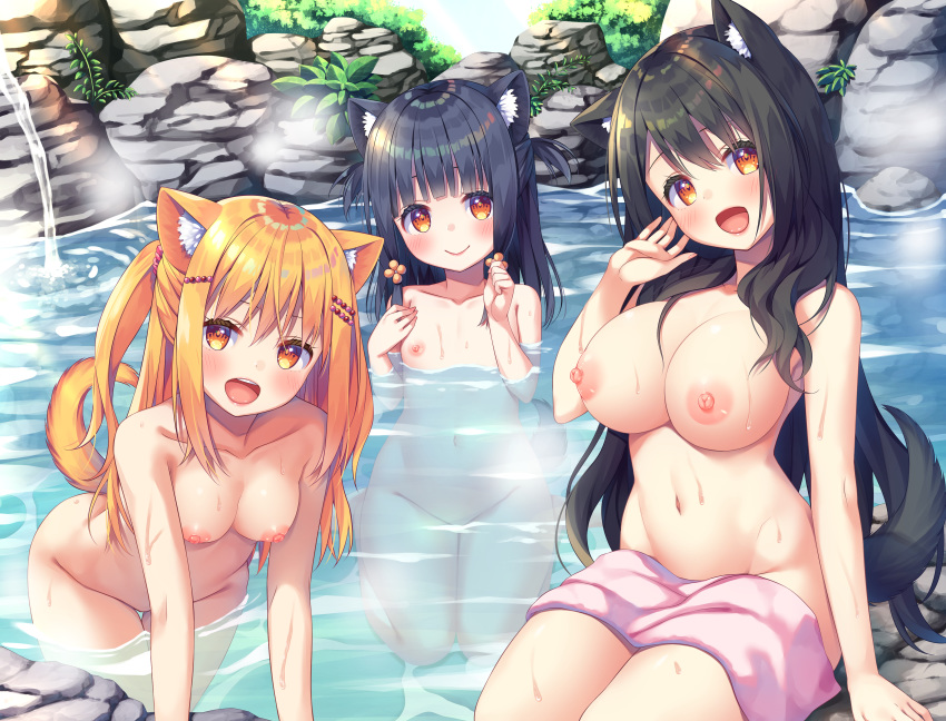 3_girls :d all_fours animal_ear_fluff animal_ears areola asa_no_ha bangs bathing big_breasts black_hair blonde blunt_bangs blush breasts bushes censored clavicle closed_mouth convenient_censoring day dog_girl dog_tail eyebrows_visible_through_hair eyelashes groin hair_between_eyes hair_ornament hairclip hand_on_chest hand_on_own_chest hand_to_head hand_up hands_up head_tilt high_resolution inumimi large_filesize leaf long_hair looking_at_viewer medium_breasts multiple_girls navel nipples nude one_side_up onsen open_mouth orange_eyes original outside partially_submerged pettanko pink_towel plant raised_tail rock seiza sidelocks sitting smile steam stomach tail thigh_gap tongue towel towel_on_legs two_side_up upper_teeth very_high_resolution very_long_hair water wet yellow_eyes