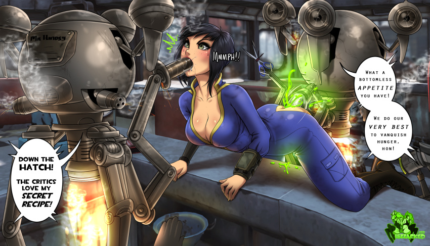 ass black_hair breasts english_text fallout fallout_4 hizzacked oral robot scissors speech_bubble spitroast text watermark