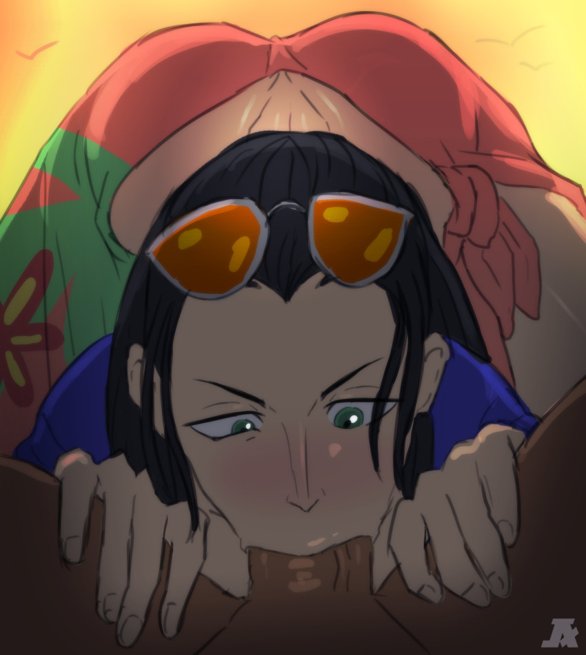 1boy 1girl 1girl ass bird black_hair blue_shirt blush deepthroat dimples_of_venus erection fellatio fingernails fingers floral_print flower glasses glasses_on_head green_eyes hair_slicked_back long_hair looking_down lowleg male male/female nico_robin no_panties one_piece open_clothes open_shirt oral outside penis pink_skirt revealing_clothes sarong shirt short_sleeves side_slit skirt sky solo_focus sunglasses_on_head top-down_bottom-up veins veiny_penis