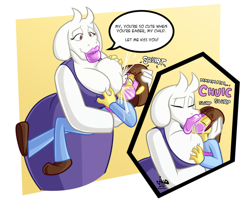 1girl aged_up ambiguous_gender anthro big_breasts big_thighs bigger_female bimbo_lips blue_sweater breast_feeding breast_squeeze breasts closed_eyes female_anthro frisk frisk_(undertale) goat_mom goatmilf goatmom huge_breasts human jamearts kiss_mark kissing lactation larger_anthro larger_female lipstick milf nursing onomatopoeia saliva sexy smaller_anthro thick_lips toriel undertale undertale_(series) wide_hips yellow_skin