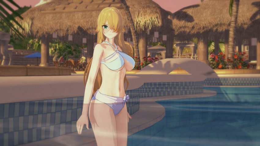 16:9 16:9_aspect_ratio 1girl belly belly_button bikini blonde blonde_hair camilla_(epic_seven) epic_seven female_focus in_pool in_water light-skinned light-skinned_female light_skin long_hair looking_at_viewer open_eyes outside partially_submerged pool scar scar_on_face solo_female solo_focus standing swimming_pool video_game video_game_character
