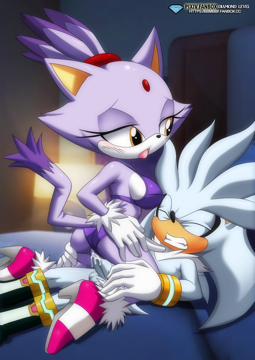 bbmbbf blaze_the_cat closed_eyes high_heels lingerie moan mobius_unleashed palcomix pietro's_secret_club riding sega sideboob silver_the_hedgehog sonic sonic_(series)