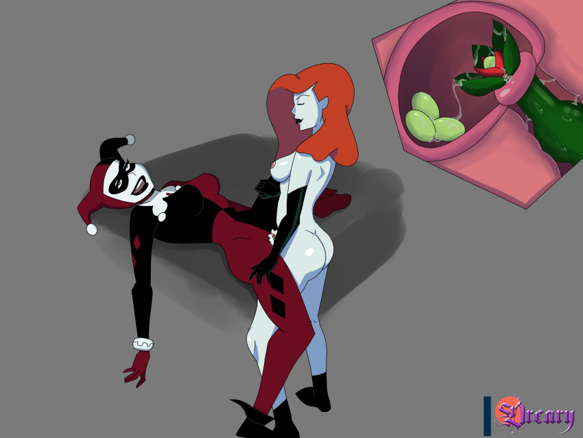 2_girls 2girls ass batman_(series) cervical_penetration clothed_female_nude_female dc dc_comics dreary egg_laying eggs female_only harley_quinn laying_eggs oviposition ovipositor poison_ivy red_hair sideboob uterus vaginal vaginal_penetration womb x-ray