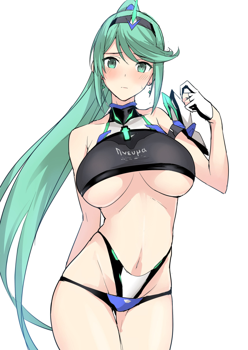 1girl 1girl absurd_res alluring armlet bare_shoulders big_breasts bikini black_bikini black_gloves blush breasts breasts_apart character_name cowboy_shot earrings embarrassed frown gloves green_eyes green_hair hairband halcon half_gloves high_res horns jewelry layered_bikini long_hair looking_at_viewer matching_hair/eyes navel nintendo partially_fingerless_gloves pneuma_(xenoblade) ponytail simple_background single_horn spoilers swept_bangs swimsuit under_boob very_long_hair white_background xenoblade_(series) xenoblade_chronicles_2