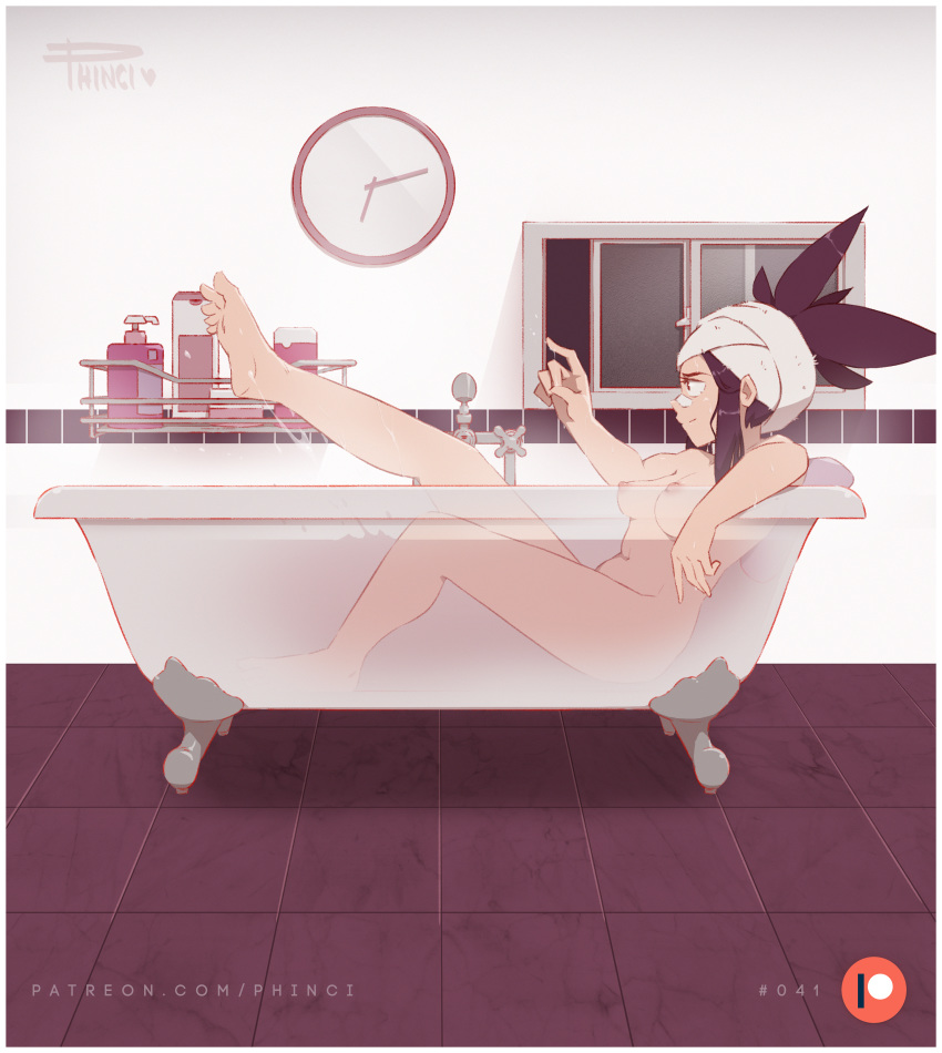 1girl 1girl 1girl akali bandaged_head bandages bandaid bandaid_on_nose barefoot bath bathroom black_eyes blue_hair breasts completely_nude extremely_large_filesize feet high_ponytail high_resolution indoors k/da_akali large_filesize league_of_legends medium_breasts navel nipples nude phinci soles thighs tile_floor tiles toes very_high_resolution water wet x-ray