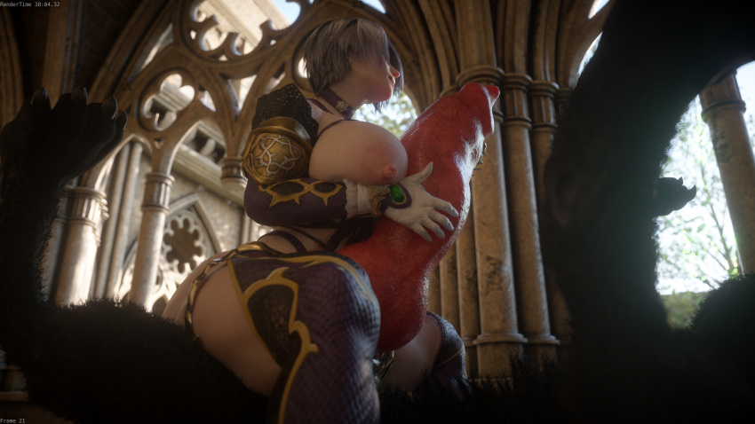 1girl 3d 3d_(artwork) animal beastiality big_breasts canine canine_penis curvaceous curves curvy curvy_figure eyelashes eyeliner hallway high_heel_boots high_resolution huge_breasts huge_penis human icedev interspecies isabella_valentine lipstick penis_grab plump soul_calibur thick_thighs voluptuous wolf zoophilia