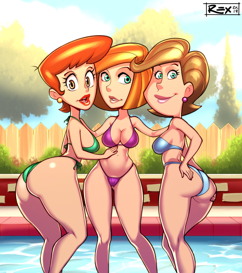3_girls 3girls ann_possible ass ass_grab big_ass bikini breasts cartoon_network cleavage crossover dexter's_laboratory dexter's_mom disney grabbing_own_ass kim_possible looking_at_viewer nickelodeon nipples outdoor outside pool poolside standing swimsuit the_fairly_oddparents timmy's_mom