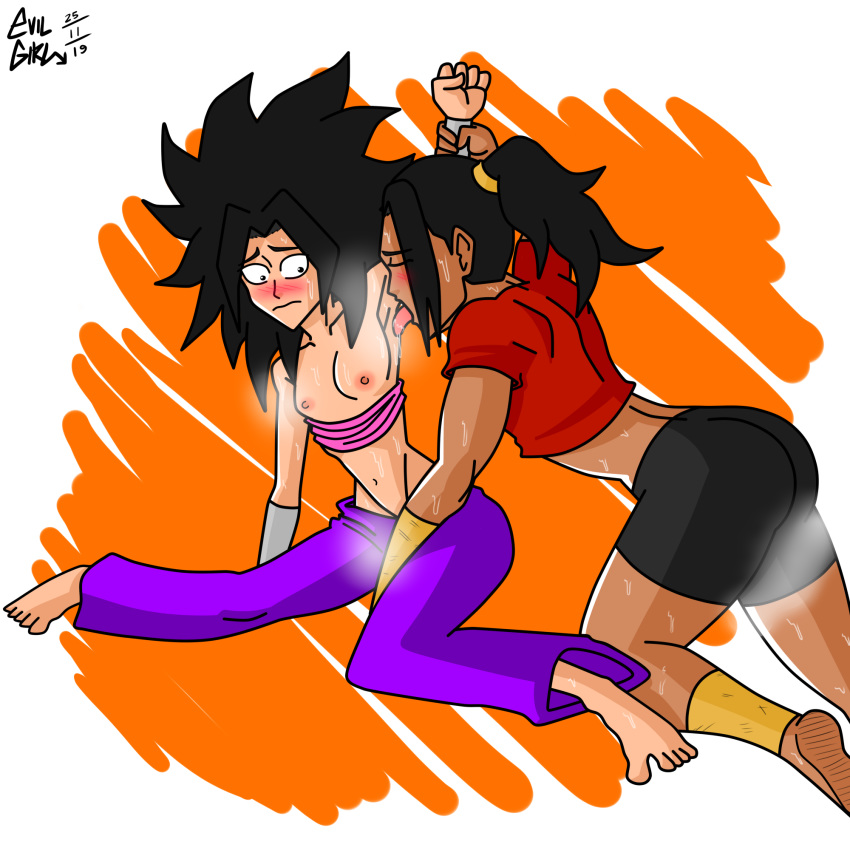 1girl 2019 2_girls all_fours areola areola arm_up armpit_fetish armpit_licking armpit_sniffing armpits ass bike_shorts black_hair blush bracelet caulifla closed_eyes dark-skinned_female dark_skin dragon_ball dragon_ball_super evilgirl female_only femdom femsub kale long_hair muscle muscular_female nipple nipples ponytail sitting small_breasts smell smelling steam surprise surprised sweat sweating sweaty tongue tongue_out topless yuri