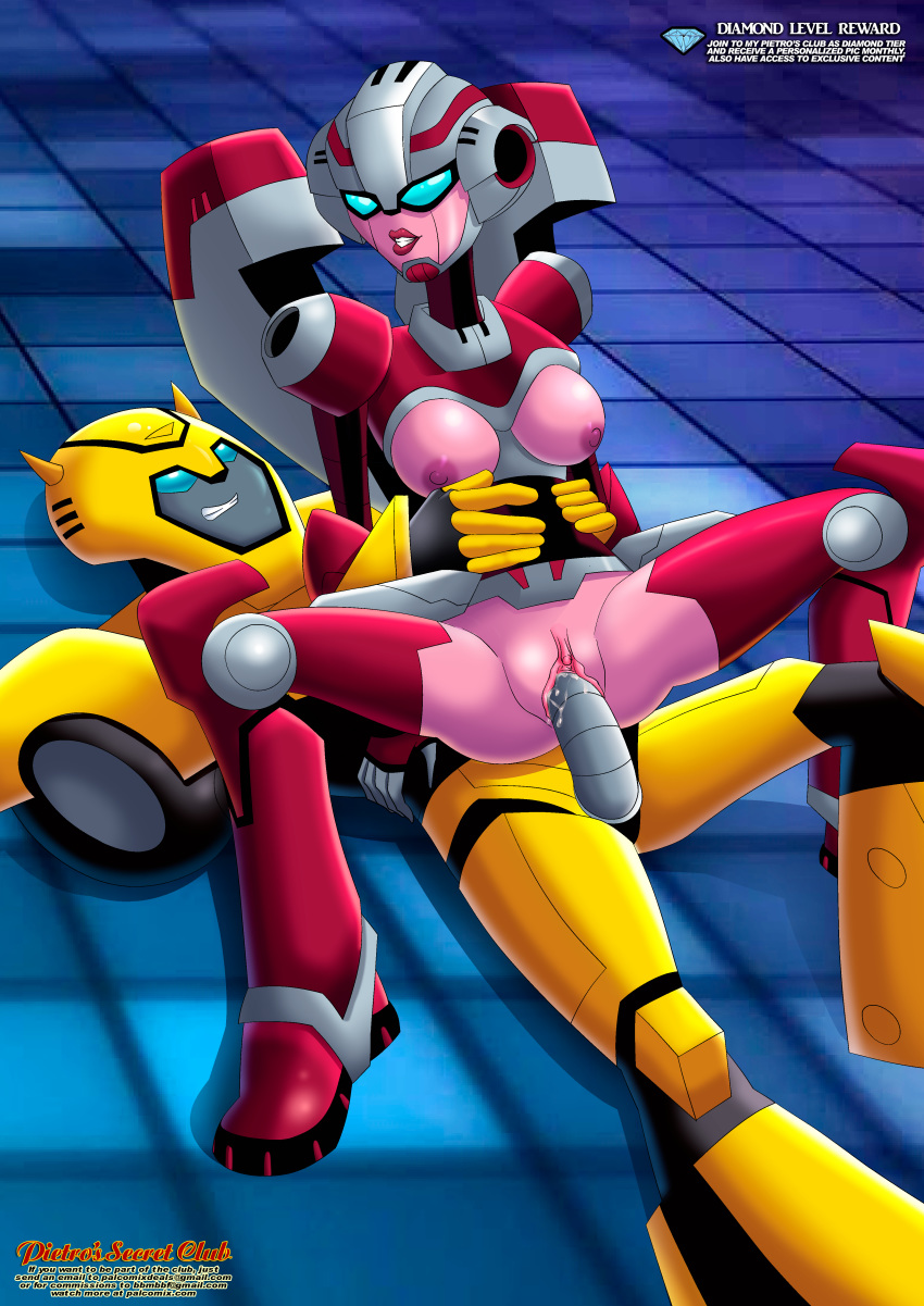 1boy 1girl arcee breasts bumblebee_(transformers) female girl_on_top looking_at_each_other male male/female penis_in_pussy reverse_cowgirl_position robot sex spread_legs transformers transformers_animated vaginal vaginal_penetration vaginal_sex