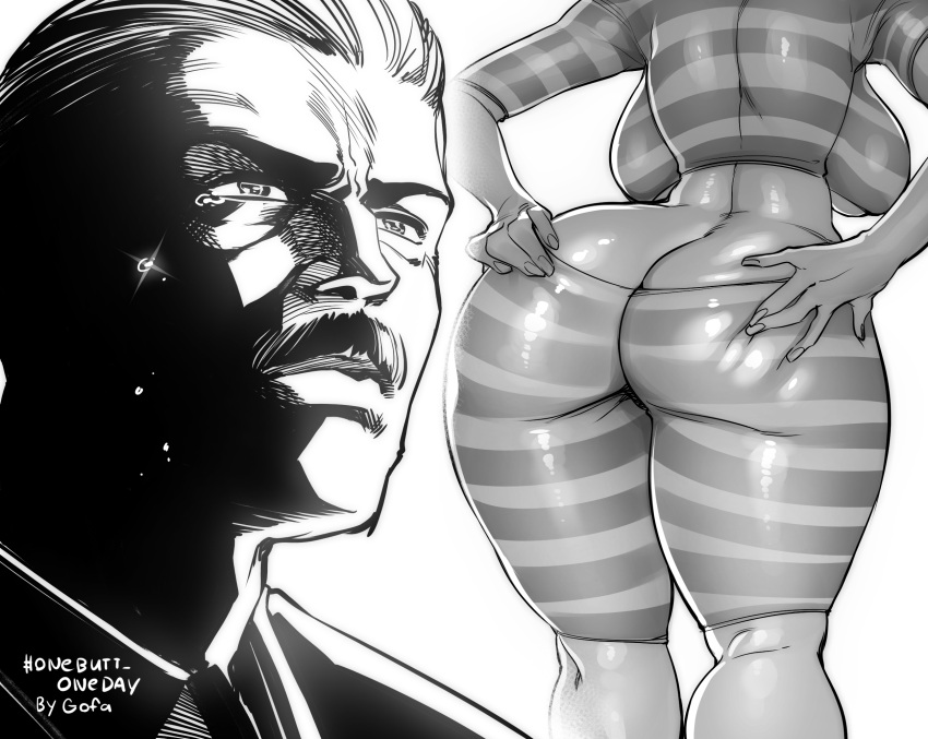 1boy 1girl 1girl ass ass_cleavage big_ass big_breasts breasts butt_crack character_request clothed_female gofa grabbing_own_ass greyscale high_res huge_ass male male/female mature monochrome moustache prison_school shiny_clothes shiny_skin shiraki_meiko solo_female striped striped_clothing striped_legwear stripes tagme teen thick_thighs thighs tight_clothing tight_pants