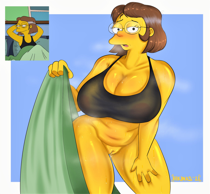 bottomless bra elizabeth_hoover glasses huge_breasts large_areolae no_panties pussy_juice shaved_pussy the_simpsons thighs