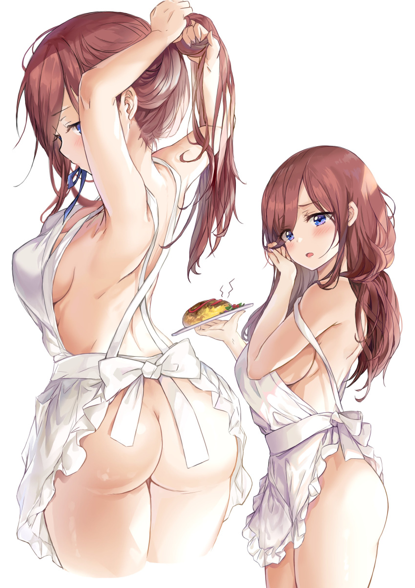 1girl apron armpits arms_up ass big_breasts blue_eyes breasts brown_hair food go-toubun_no_hanayome hadaka_apron hair_ornament hair_ribbon hair_tie_in_mouth high_resolution holding holding_plate large_ass long_hair looking_at_viewer looking_back mouth_hold multiple_views nakano_miku naked_apron omurice open_mouth plate ribbon saya_(mychristian2) simple_background tying_hair very_high_resolution white_apron white_background