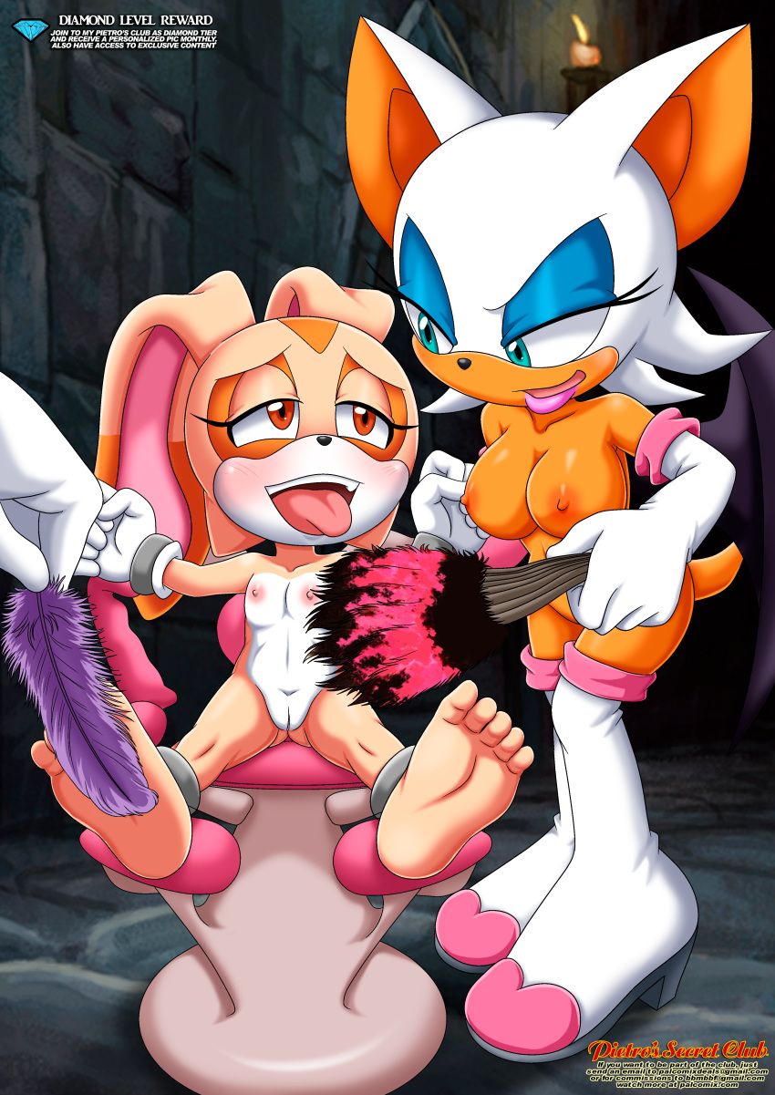 bbmbbf big_breasts blush cream_the_rabbit feathers feet_tied full_body hands_tied laughing mobius_unleashed palcomix pietro's_secret_club rouge_the_bat sega small_breasts sonic_(series) sonic_the_hedgehog_(series) tickle_torture tickling tongue