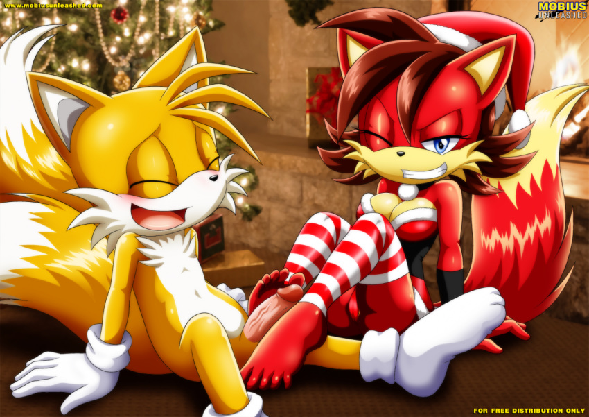 archie_comics bbmbbf blush fiona_fox footjob full_body miles_"tails"_prower mobius_unleashed palcomix santa_hat santa_outfit sega sonic_(series) sonic_the_hedgehog_(series) stockings tails wink