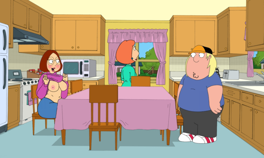breasts breasts brother_and_sister chris_griffin family_guy flashing kitchen lois_griffin meg_griffin mom nervous omg