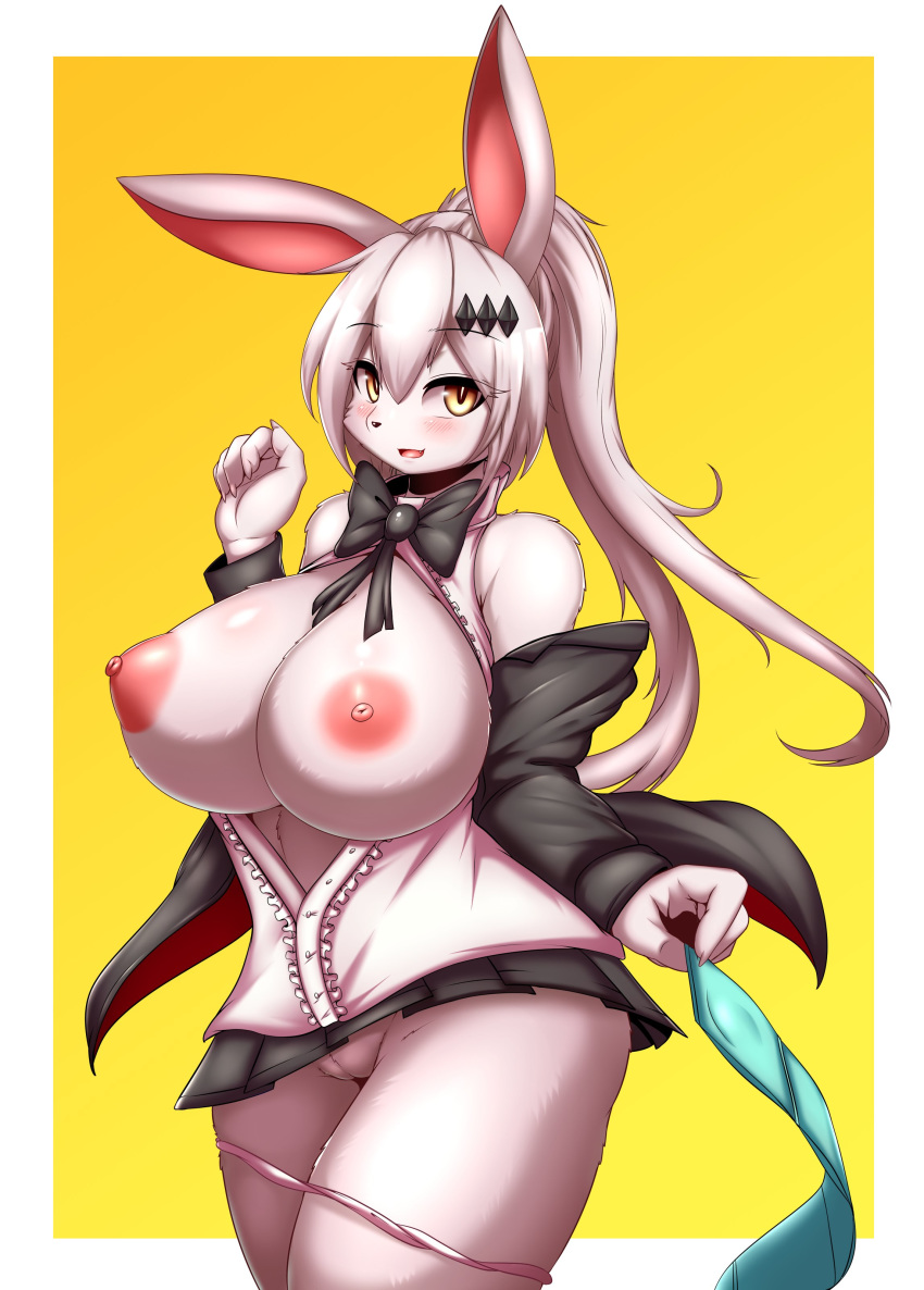 1girl 1girl 2018 5_fingers anthro areola big_breasts biped blouse blush bow_tie breasts brown_eyes clothed clothing condom eyebrows eyelashes fur furry hair holding_object lagomorph long_ears long_hair looking_at_viewer mammal nipples open_mouth open_smile panties panties_down partially_clothed pink_areola pink_nipples ponytail pussy rabbit ribbons shirt simple_background smile standing suggestive tailzkim underwear white_fur white_hair yellow_background
