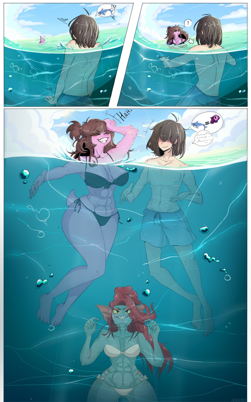 1boy 2021 2_girls 2d 2d_(artwork) abs absurd_res andora big_ass big_breasts bikini blue_skin brown_hair claws comic deltarune digital_media_(artwork) fangs female female_anthro high_res human jaws_(film) kris_(deltarune) kris_(light_world_form) male male_human male_kris_(deltarune) monster_girl muscular muscular_female ocean parody partially_submerged partially_underwater_shot red_hair sharp_teeth size_difference smile submerged susie_(deltarune) susie_(light_world_form) swimming swimming_trunks swimsuit tail thick_thighs topless topless_male undertale undertale_(series) underwater undyne video_game_character video_games water wide_hips you_gonna_get_raped