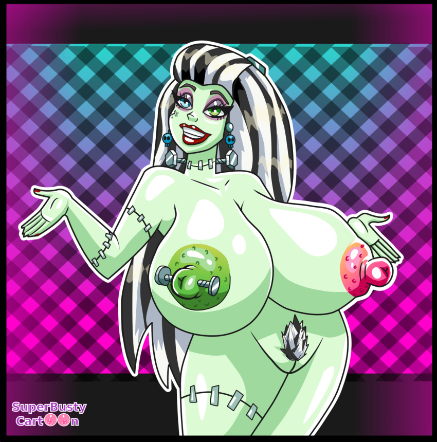 big_areola big_nipples bimbo breasts_out_of_clothes frankie_stein green_skin hairy_pussy hairy_vagina huge_areolae huge_breasts huge_nipples massive_breasts monster_high nude_female pubic_hair pussy_hair superbustycartoon thick_thighs