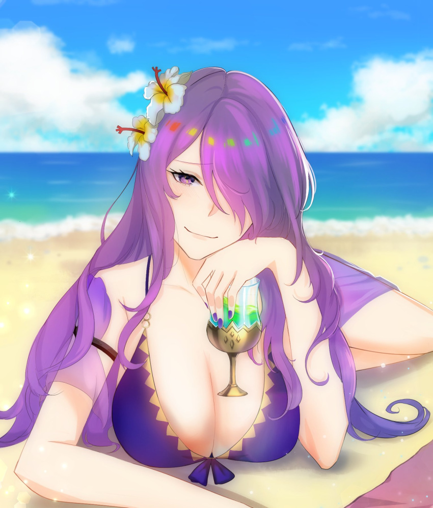 1girl alluring beach big_breasts bikini blue_sky breasts camilla_(fire_emblem) cleavage cloud cup drinking_glass female_focus fire_emblem fire_emblem_heroes flower hair_flower hair_ornament hair_over_one_eye high_res holding holding_cup long_hair looking_at_viewer matching_hair/eyes nail_polish nintendo ocean purple_eyes purple_hair purple_nails sarong sky smile swimsuit