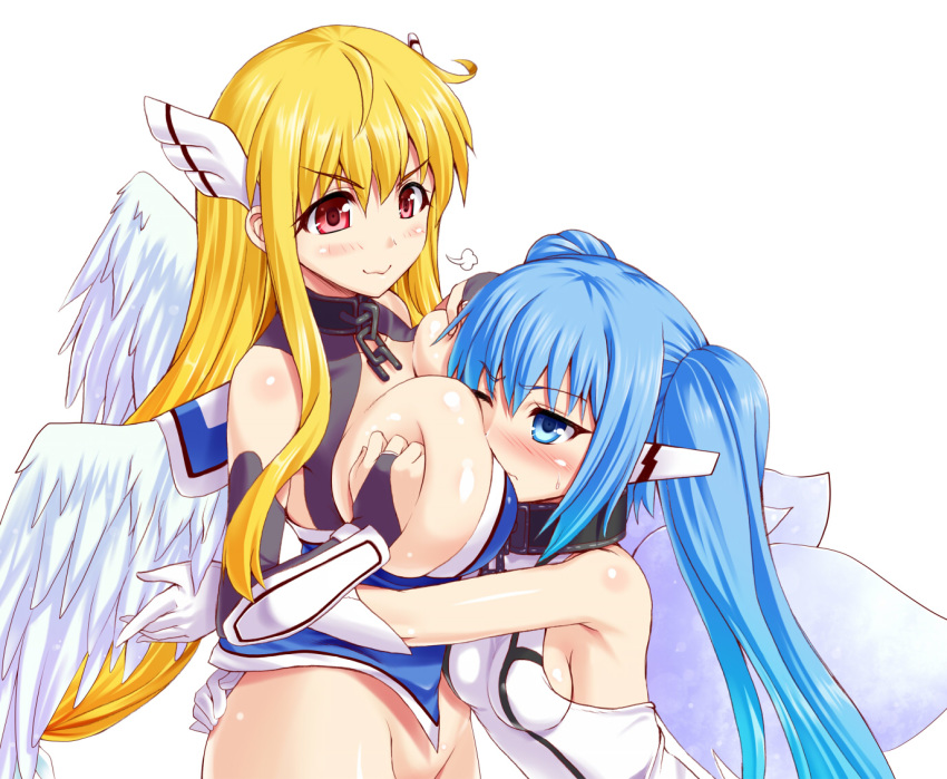 &gt;:) 1girl 2_girls 2girls angel_wings astraea big_breasts blonde_hair blue_eyes blue_hair blush bottomless breast_press breast_smother breasts bridal_gauntlets female_only gloves head_wings heavens_lost_property hug huge_breasts kawase_seiki long_hair multiple_girls no_panties nymph_(sora_no_otoshimono) one_eye_closed out-of-frame_censoring red_eyes sideboob smirk sora_no_otoshimono sweat twin_tails v-shaped_eyebrows very_long_hair wavy_mouth white_gloves white_wings wings wink yuri